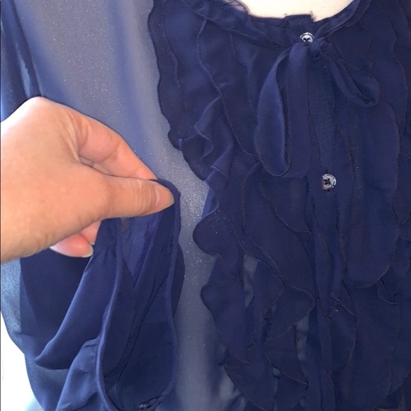 🦋 Sheer, Ruffle Navy Button Down Blouse - Picture 8 of 10